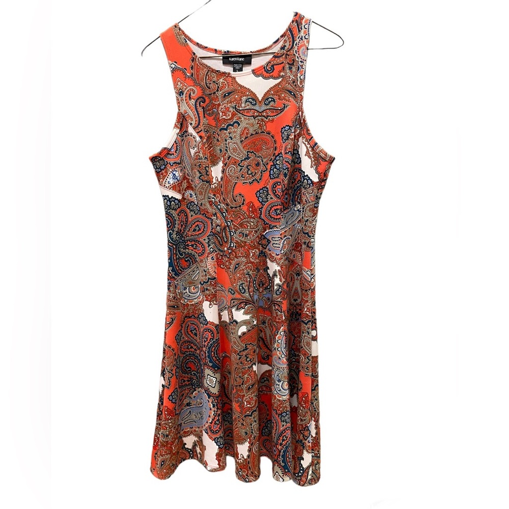 EUC Karen Kane Orange/Blue Paisley Print Fit & Flare Mini Dress Sleeveless Large
